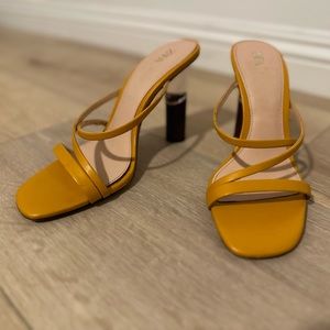 Zara Golden Yellow Leather Straps, Rosewood & Lucite Heels (9)